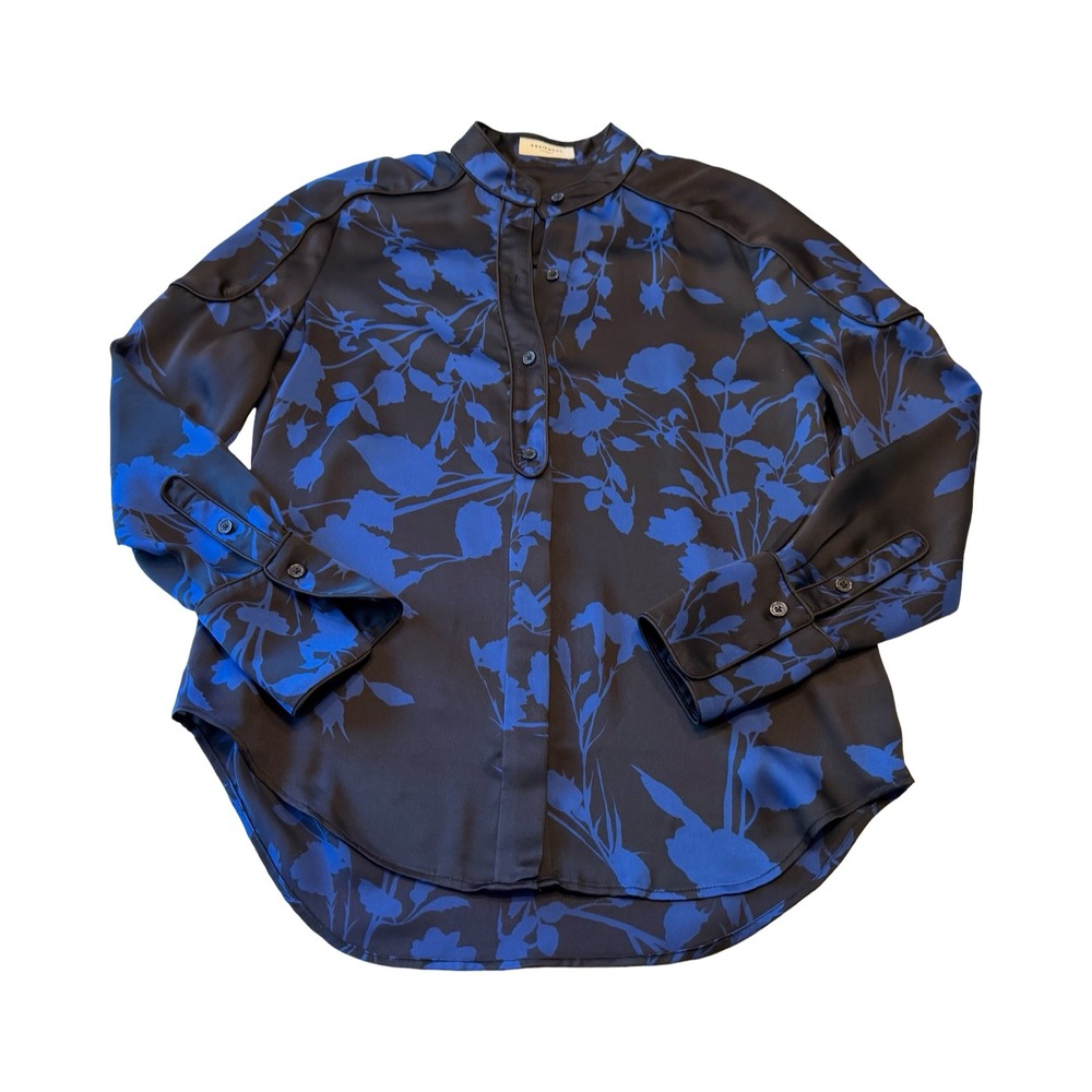 Equipment Femme Womens XS Blue Black Floral Band Collar Blouse Satin Button Up‎